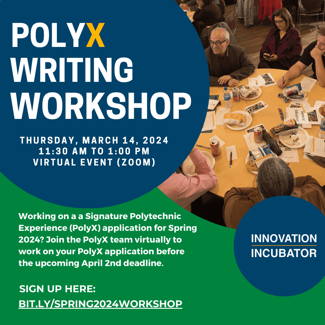 Flyer of PolyX Writing Workshop with group of faculty at a round table working on their applications.