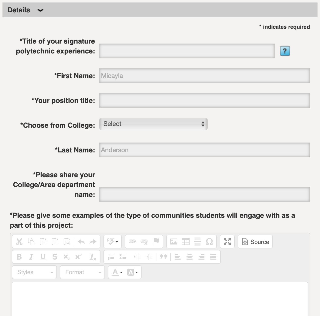 Application details on InfoReady