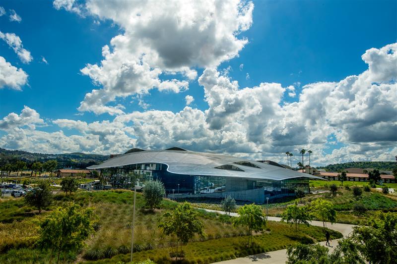 The Student Services Building (SSB) on a cloudy day. 