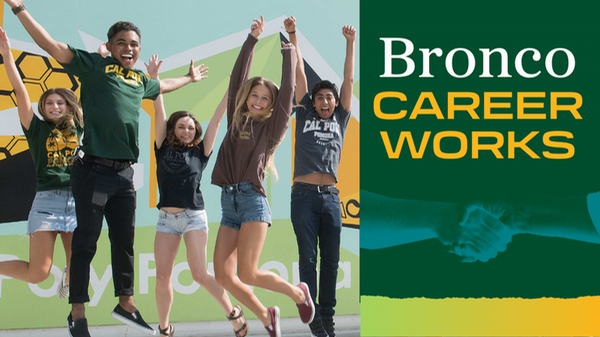 studnets jumping in front of a CPP mural, and the words Bronco CareerWorks