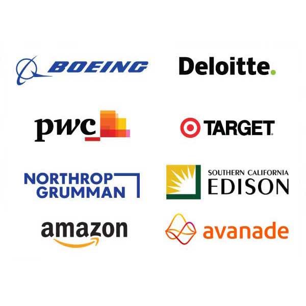 Logos for Boeing, Deloitte, PWC, Target, Northrop Gruman, So Cal Edison, Amazon and Avanade