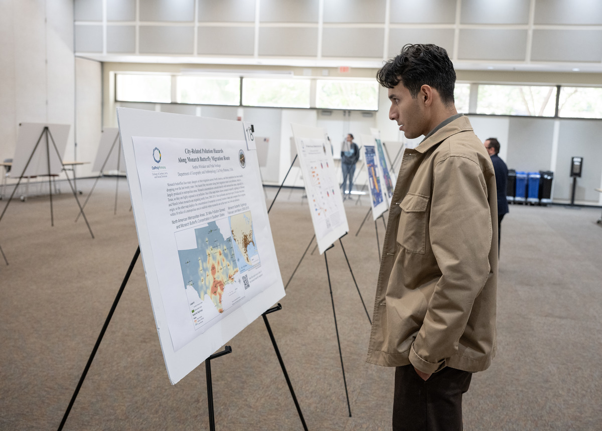 student looking at a presentation