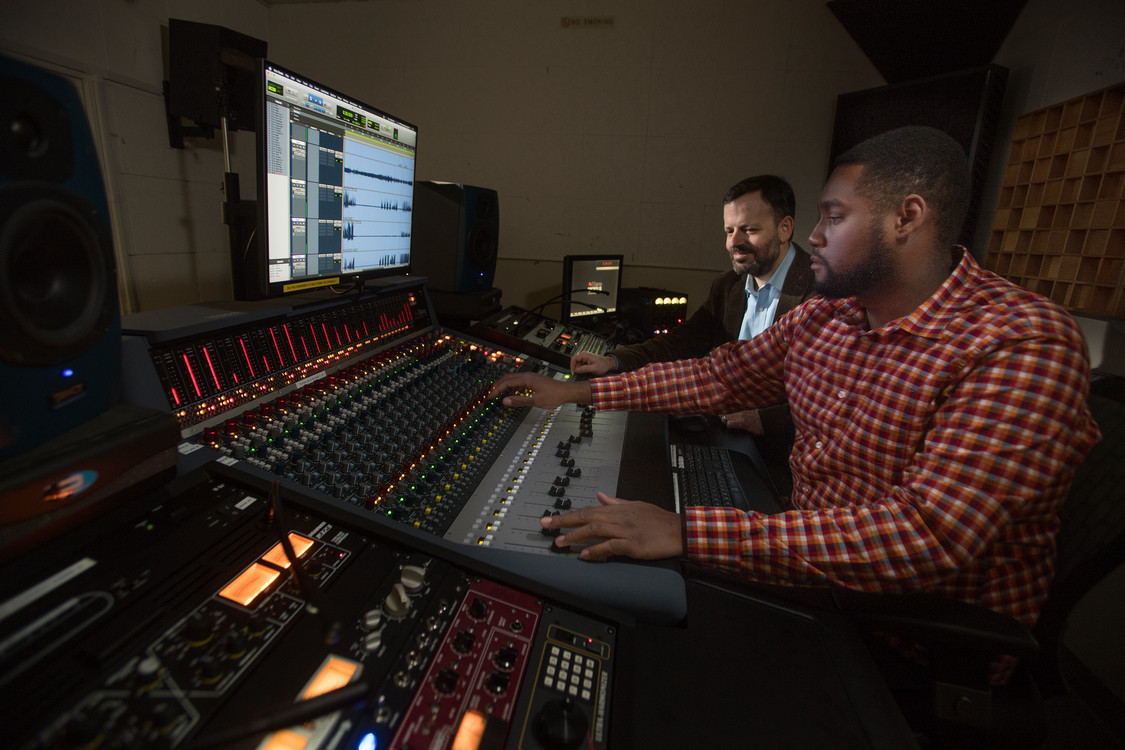student using studio equipment