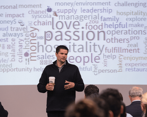 speaker in front of a projection screen with a word cloud featuring hospitality-related words