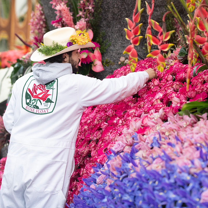 Male student decorates the Cal Poly Universities Rose Float
