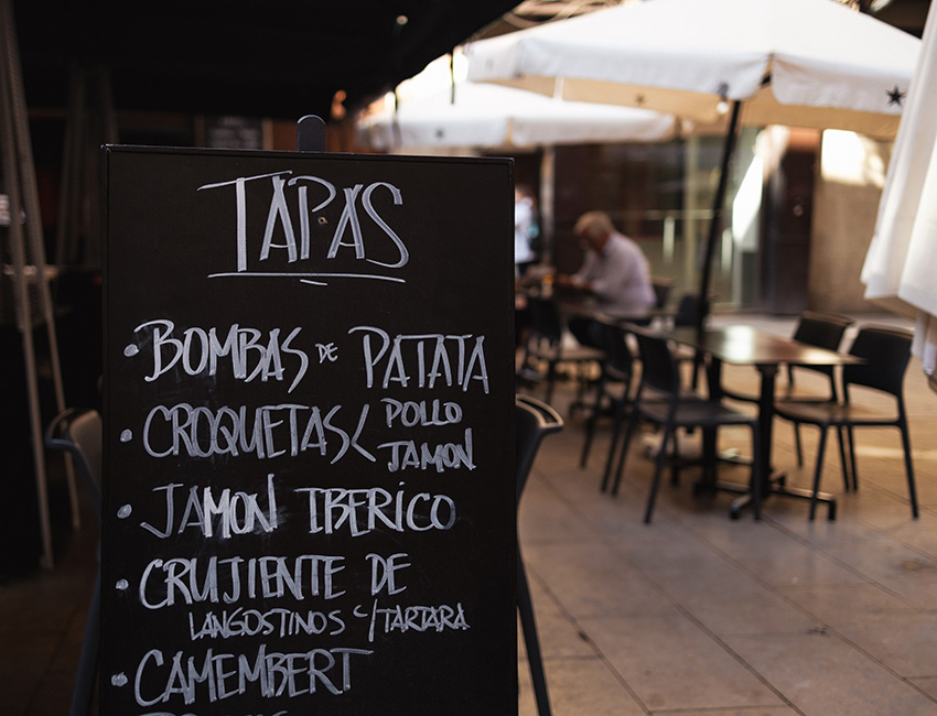 Tapas menu in a restaurant in Spain