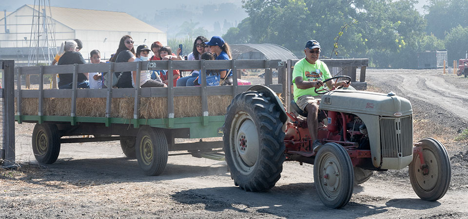 A tractor pulls the hay ride.