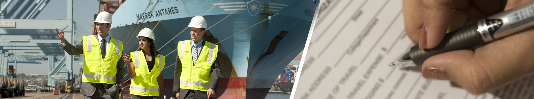 three persons walk in front of container ship on left panel, a hand signs a document on right panel