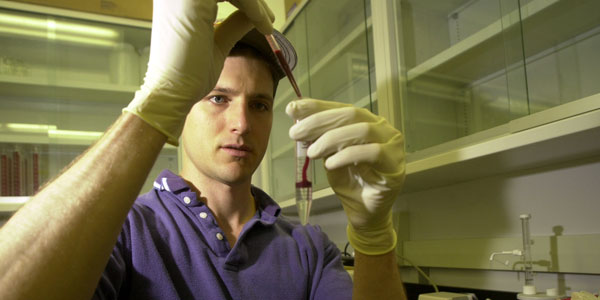 Person conducts research on drawn blood