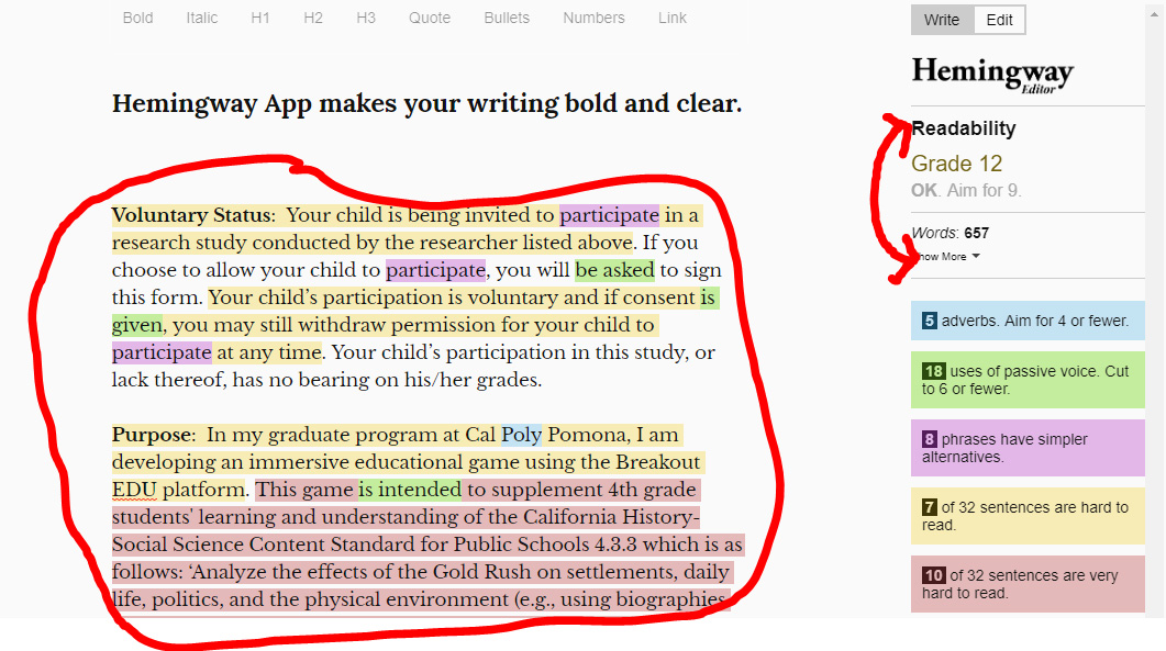 Hemingway readability sample