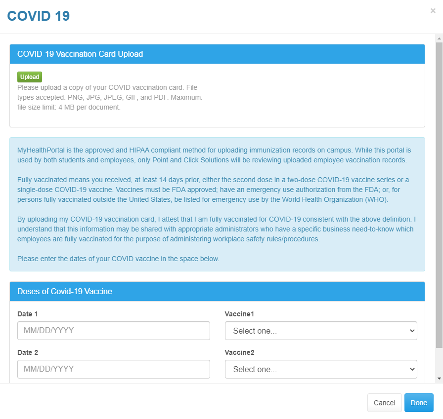 Screenshot of Vaccine Card upload