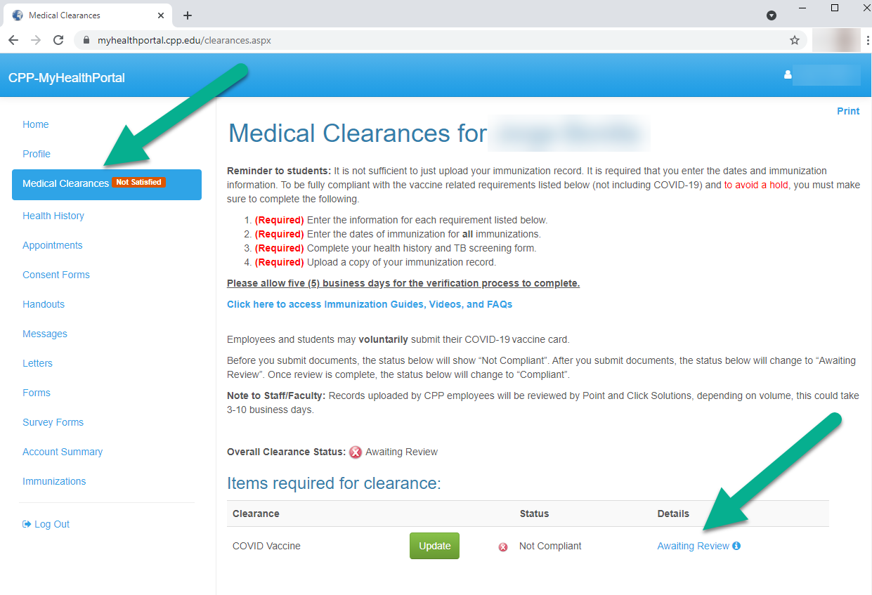 Screenshot of Medical Clearances