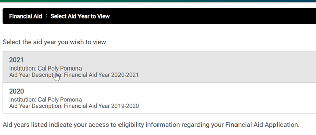 Screenshot of Select Aid Year to View in Bronco Direct.