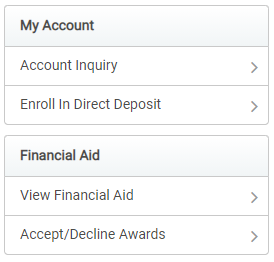 Bronco Direct Screenshot of My Account and Financial Aid dropdown menus