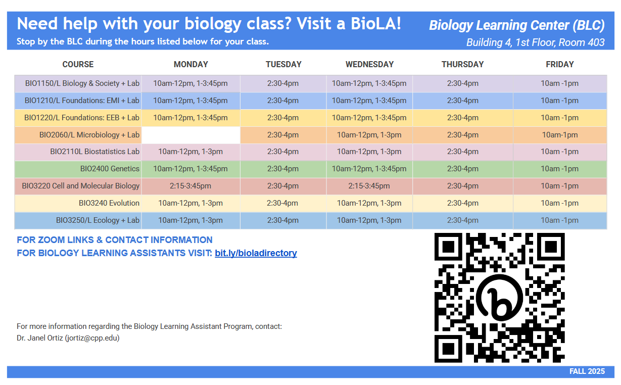 BioLA general course support schedule for Fall 2025
