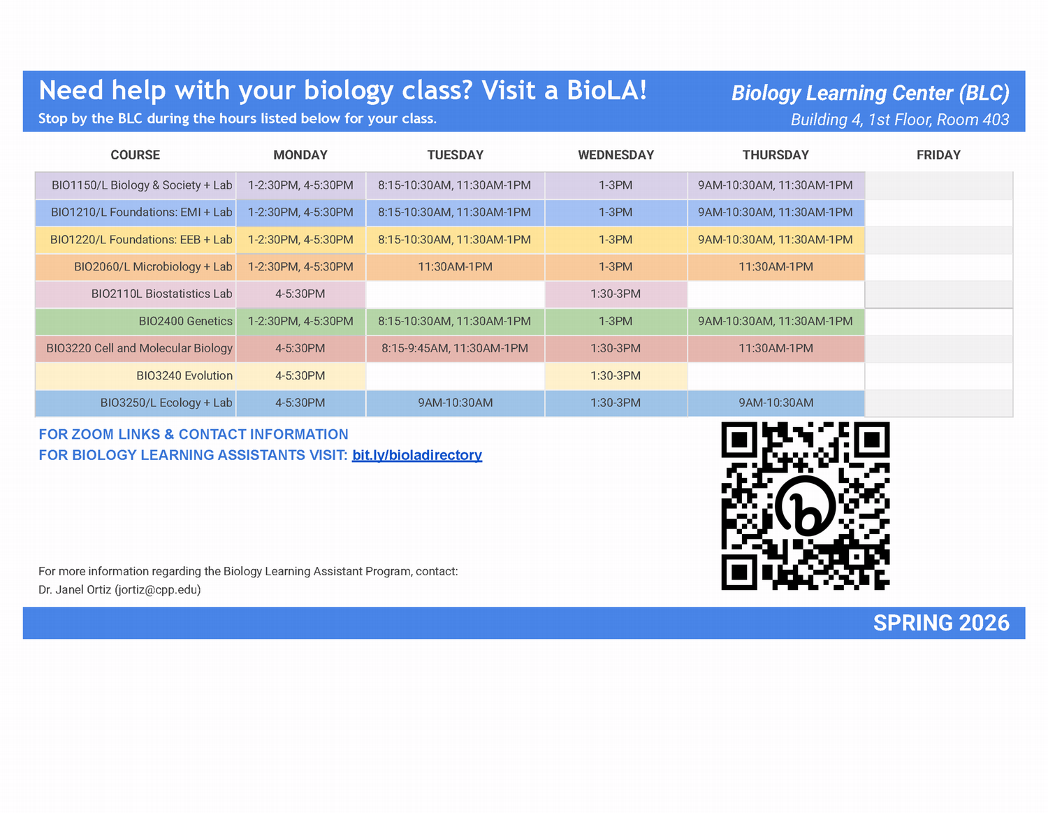 BioLA general course support schedule for Fall 2025