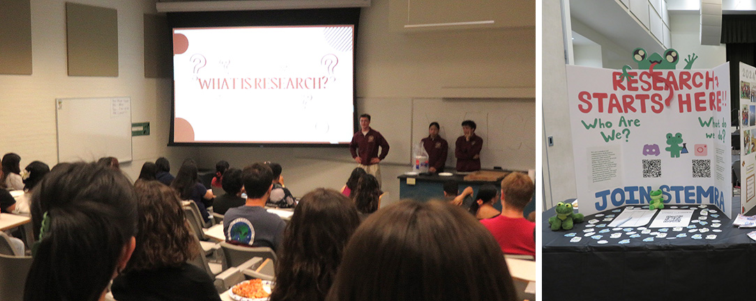 Club president Roger Muniz speaks to a group of students and a poster urging club membership in STEMRA is visible.