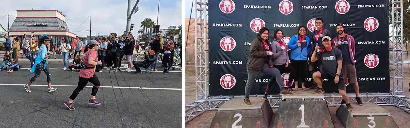 Left image is Desiree Tax running, right image is posing with fellow runners after completing a spartan race.