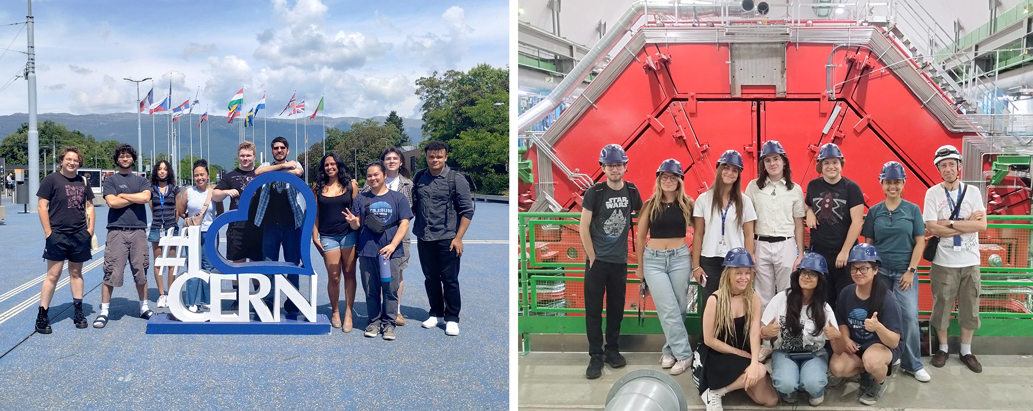 Student researchers pose in front of CERN sign and end cap.