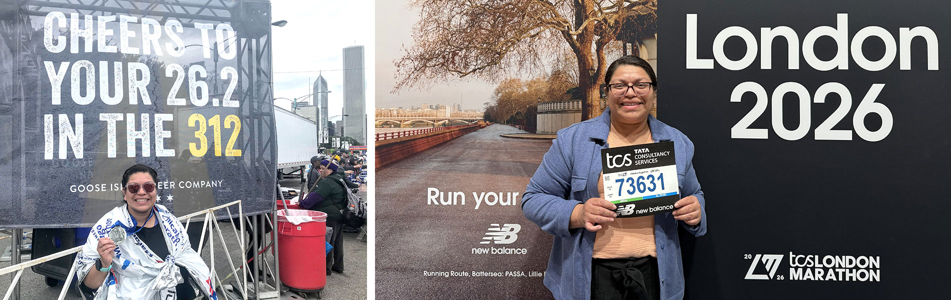 Desiree Tax poses in Chicago and London where she ran marathons.