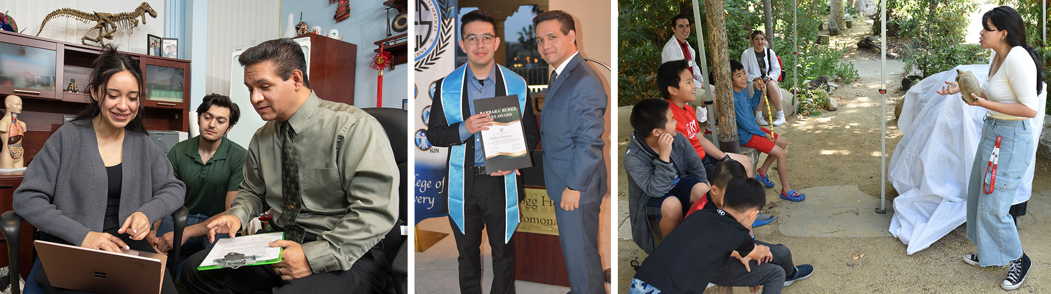 Steve Alas helping students, presenting an award to alumnus Robert Parsons, and a CPP student teaching kids at a Discovery Science Camp.