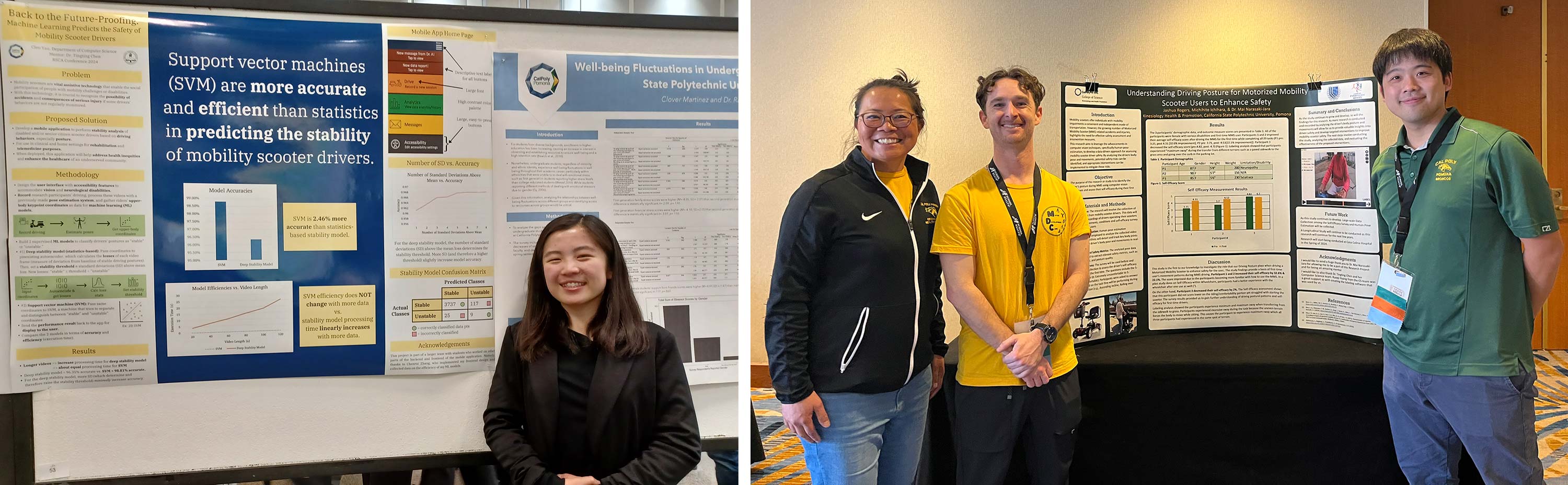 Cleo Yau and Assistant Professor, Kinesiology Mai Nagasaki-Jara, Joshua Rogers, and Michihito Ichihara pose in front of their research poster.