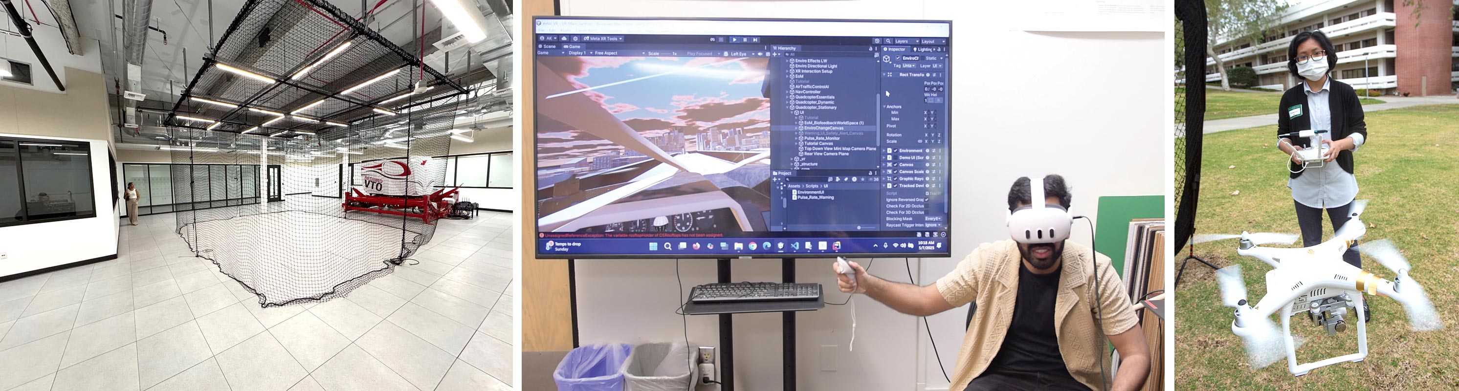 photo montage including from left to right  the new cyber UAV lab, flight simulator, and student flying a drone