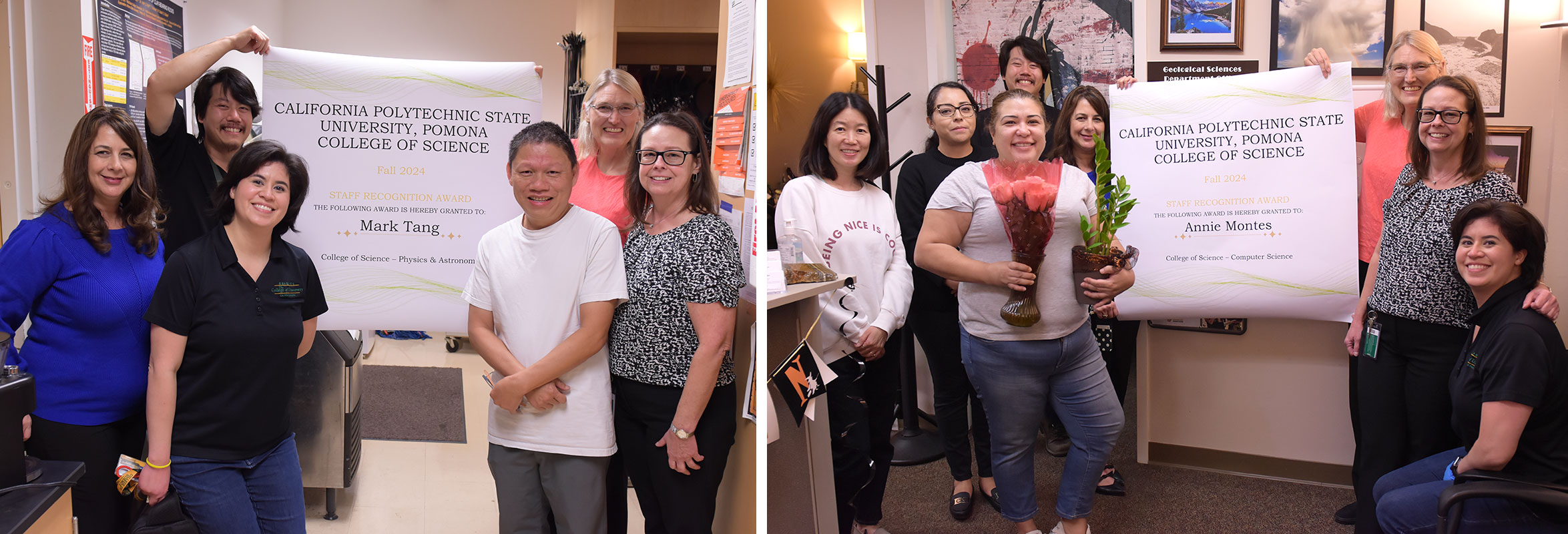Mark Tang and Annie Montes are surprised with staff awards.