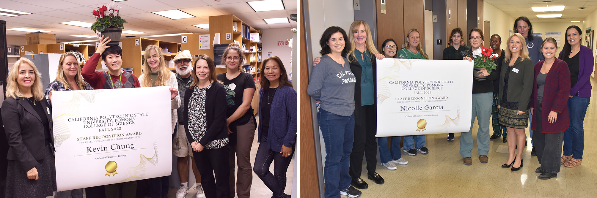 Nicolle Garcia and Kevin Chung are surprised with staff awards posters.