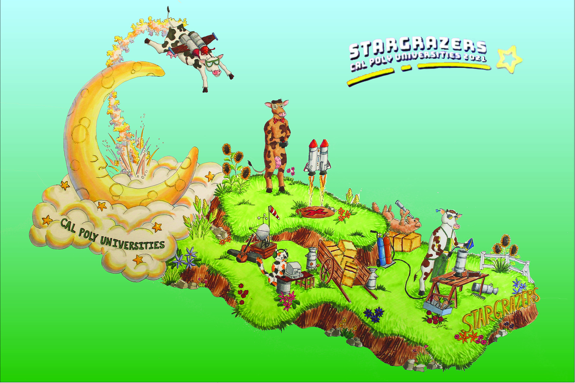 artist's depiction of the 2022 rose float, Stargrazers