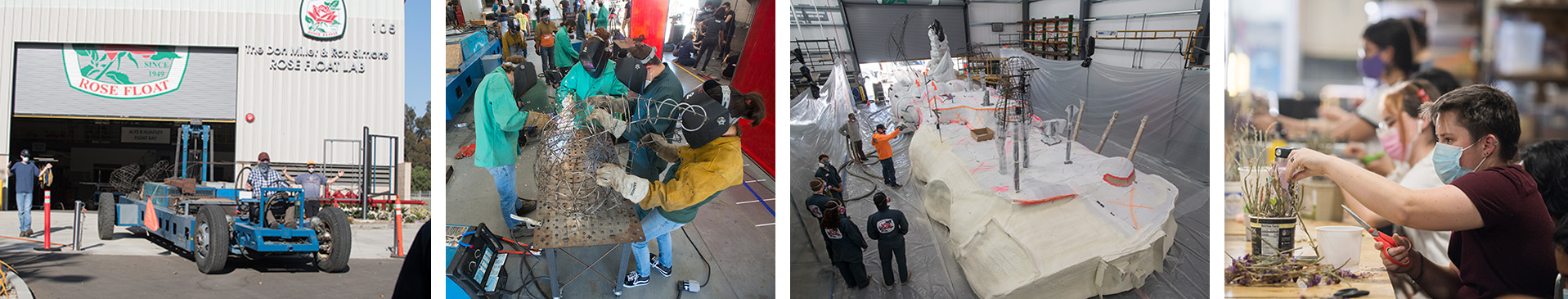 several pictures of the 2022 rose float construction at CPP