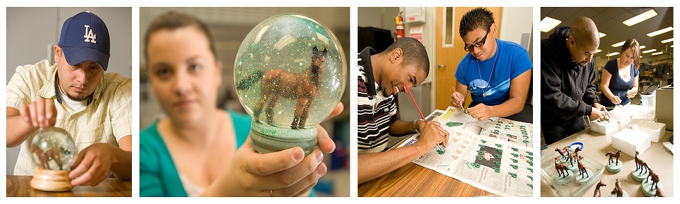 a collage with different people holding a snow globe or tinkering with designs and bronco figurines