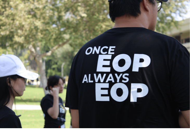 Student wearing a shirt that says 'Once EOP, Always EOP'