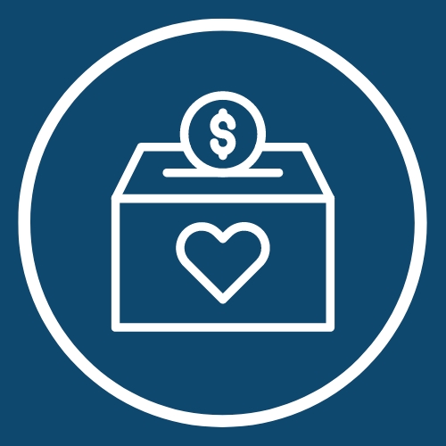 The icon features a safe box, coin, and a heart all inside a blue circle with a with a white outline. All symbolizing the value of donations.