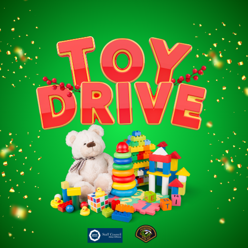 Graphic Flyer to Toy Drive. Green and Red with toys.