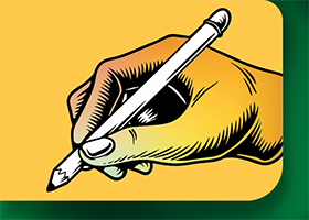 Illustration of a person's hand holding a pen and writing