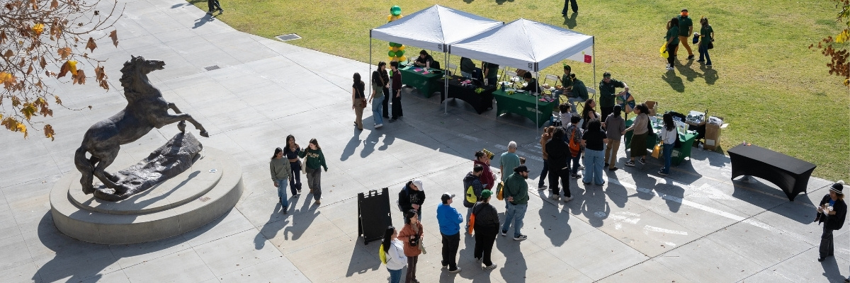 Students line up at a booth at the Green and Gold block party