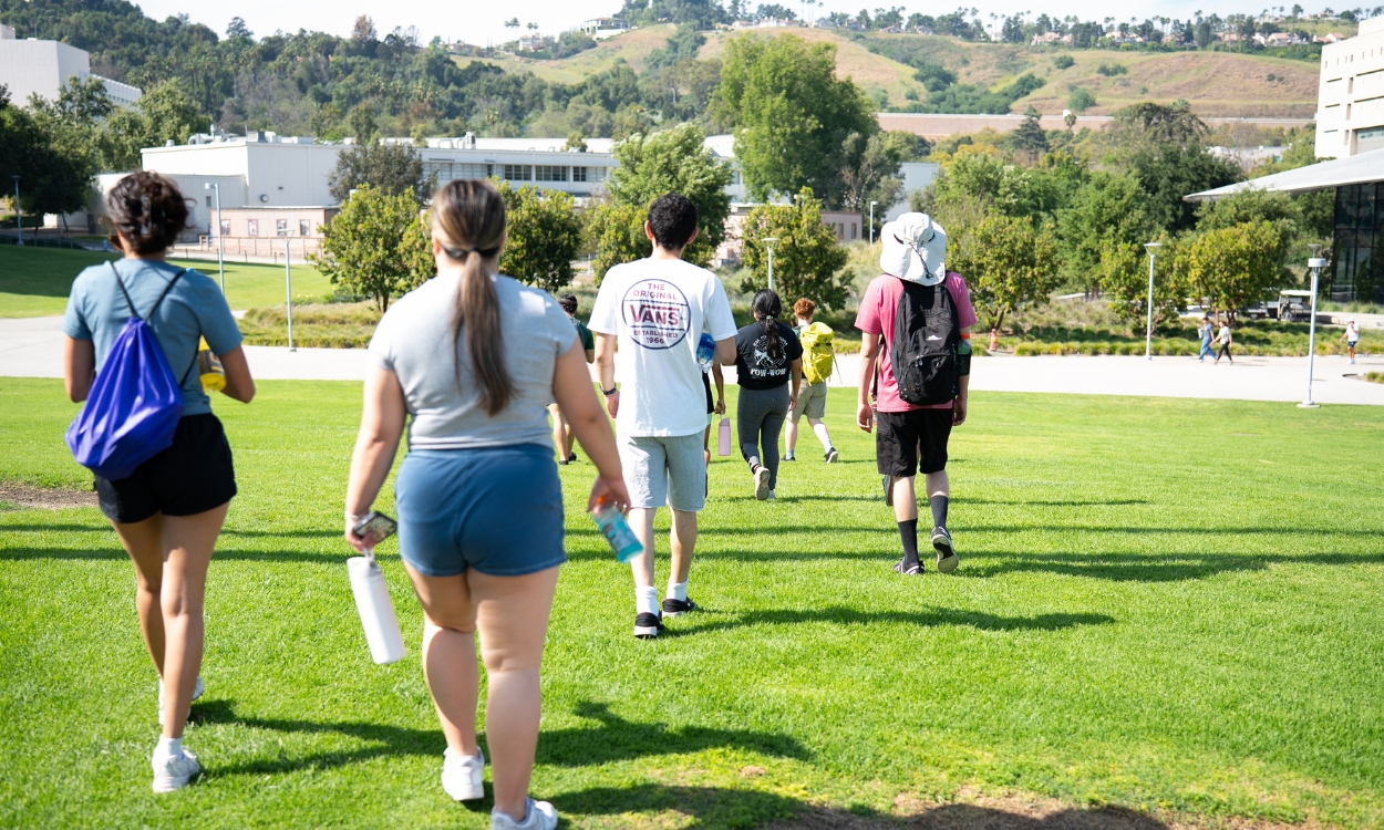 Students walk together for a hiking event