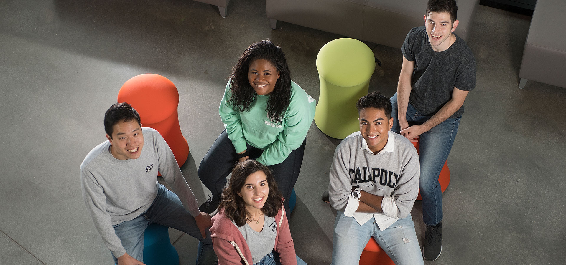 Students sitting in SSB lobby