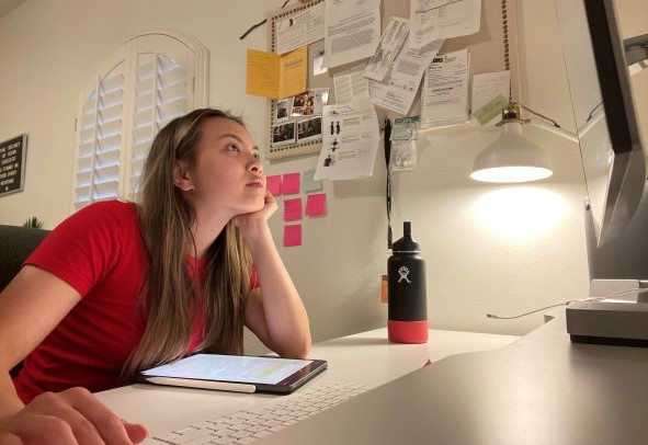 Student looks at a computer