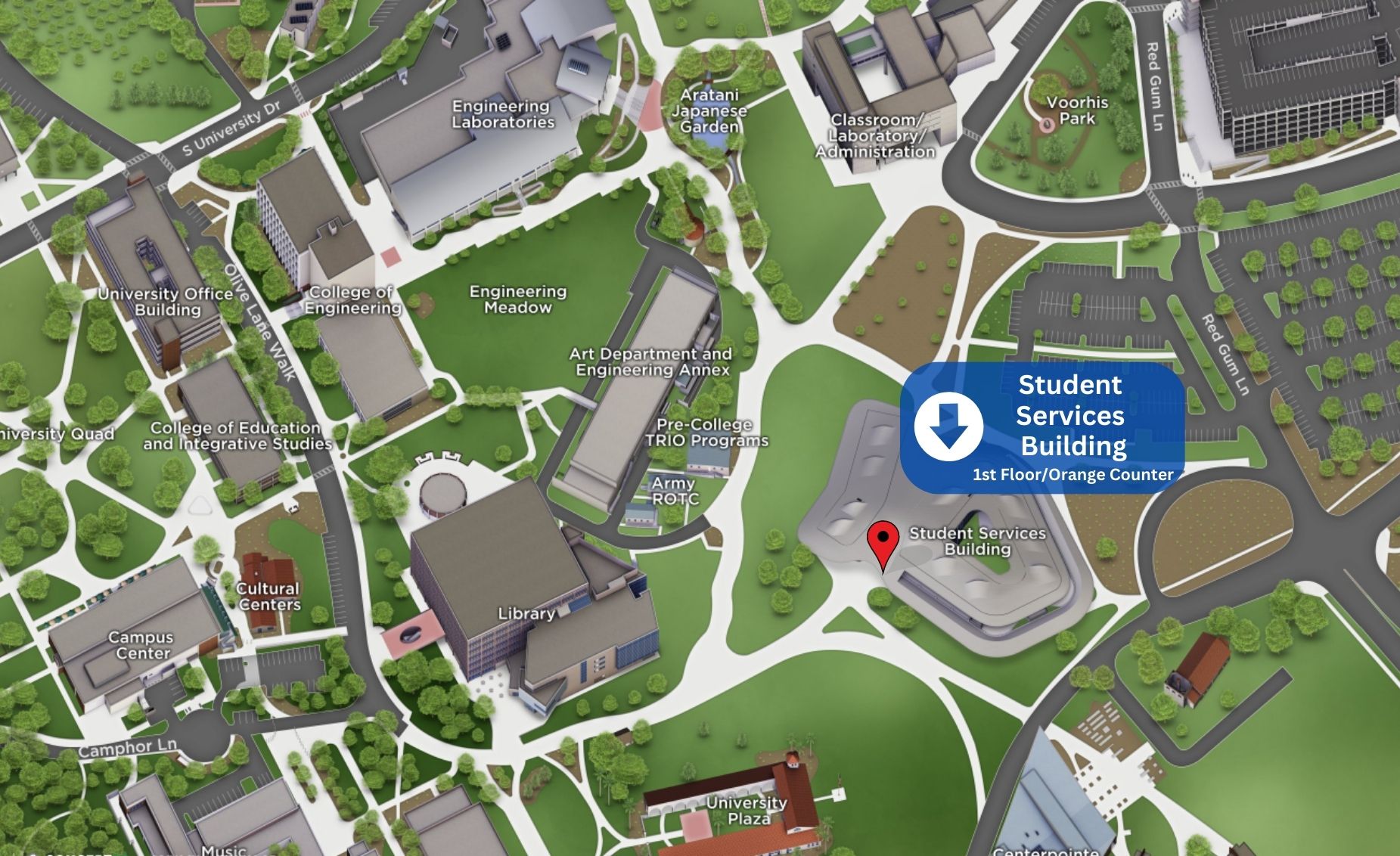 Screenshot of Student Services Building on campus map with arrow pointing to the building