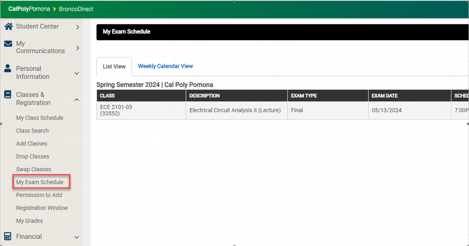 Screenshot of My Exam Schedule in Student Center