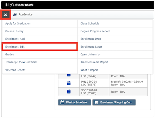 Screenshot of Academics section in BroncoDirect.The menu is open and there is a red box around Enrollment: Edit