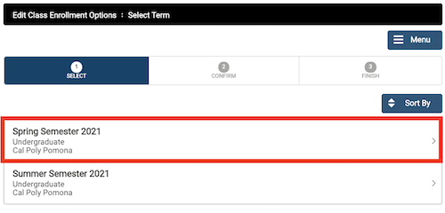 Screenshot of BroncoDirect selecting a term