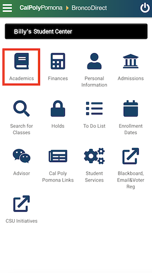 Screenshot of Student Center with a red box around the Academics icon