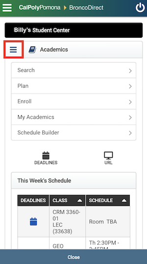 Screenshot of Academics section in BroncoDirect.The menu is open and there is a red box around Enrollment: Edit