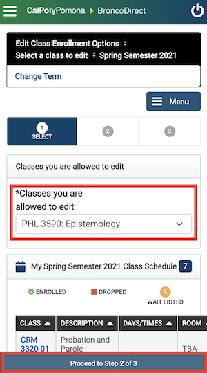Screenshot of dropdown menu to select a course for ABC/No Credit. A red arrow is next to Proceed to Step 2 of 3