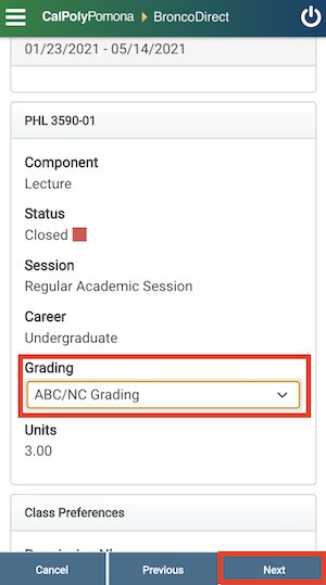 Screenshot of grade selection menu, with choice ABC/No Credit selected