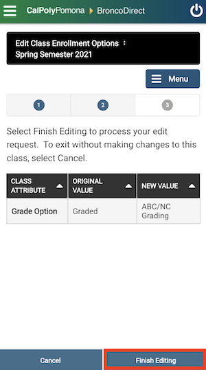 Screenshot on final ABC/No Credit screen, with a red box around Finish Enrolling