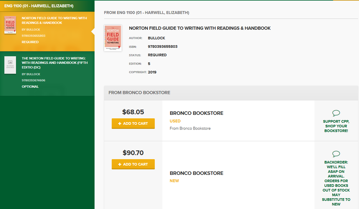 Screenshot of the Bookstore textbook tool
